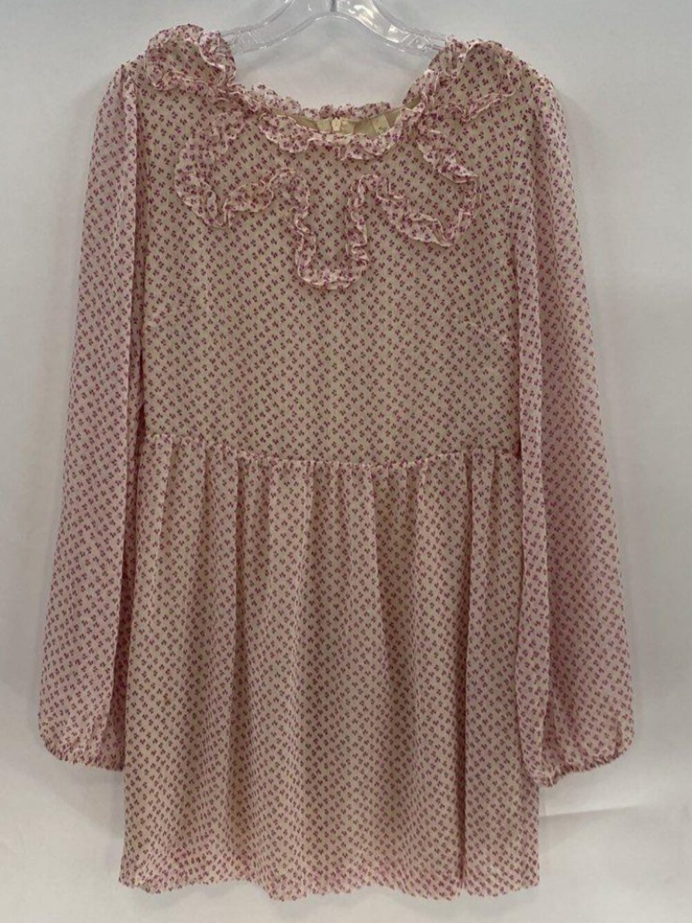 Free People Women's Long Sleeve Floral Ruffle Mini Dress Size 8 Cream Pink